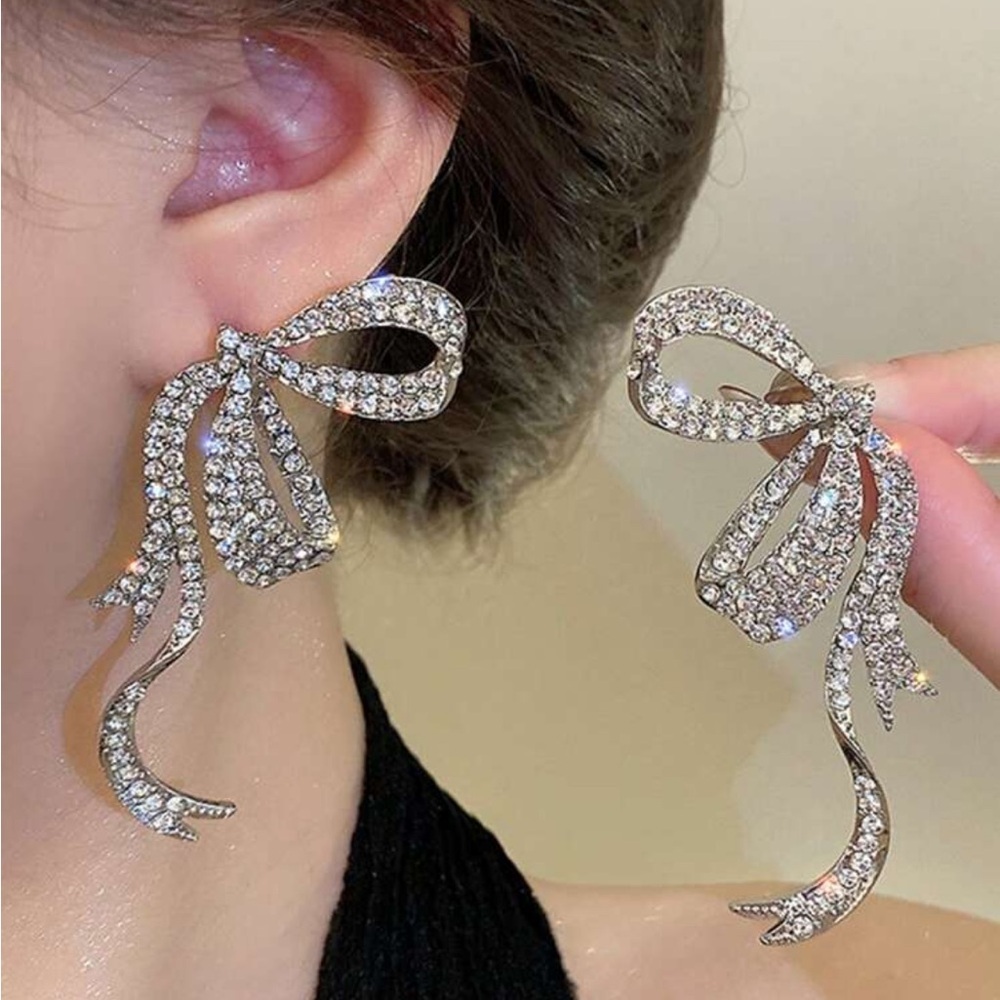 1pair Full Diamond Ribbon Bow Stud Earrings, Light Luxury Design Ear Jewelry